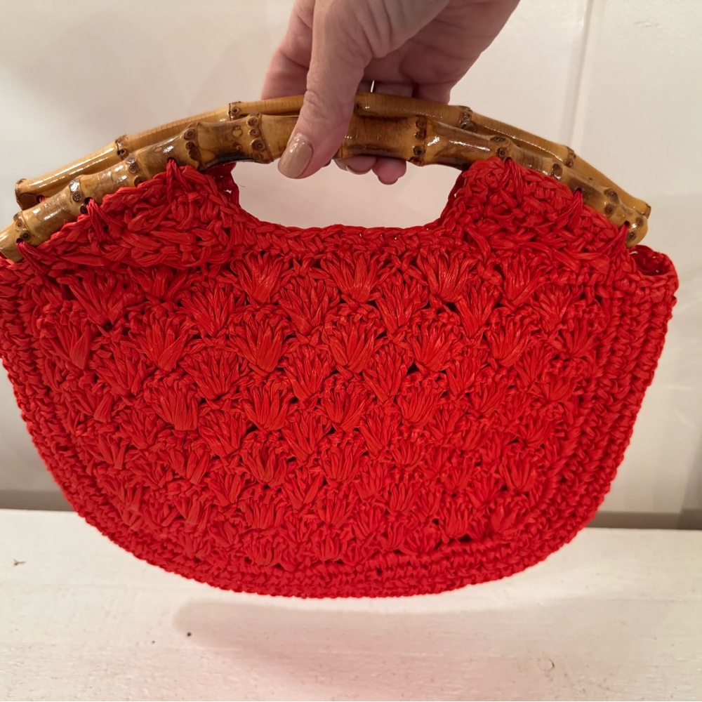 Vintage Red Woven Rattan Handbag with Bamboo Handle (Circa 60s-70s)